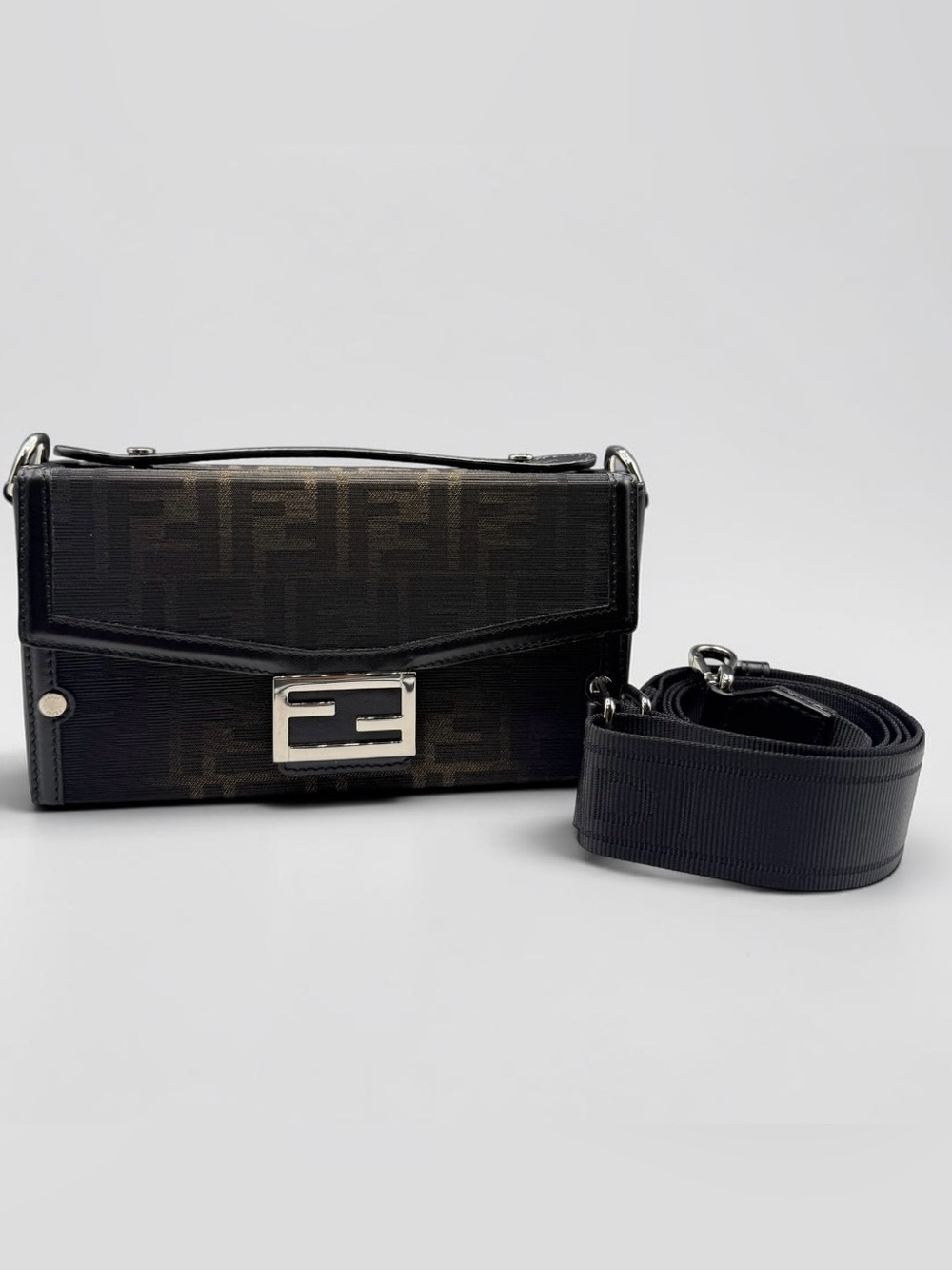 Fendi Baguette Soft Trunk FF Brown Eclissi Jacquard Crossbody